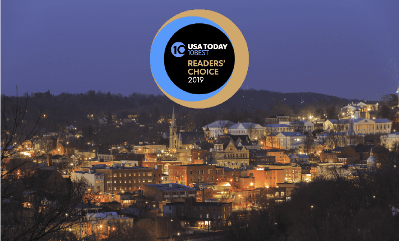 "USA today 10 best reader's choice 2019" logo over top of a skyline photo of staunton