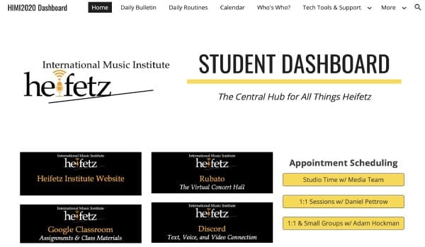 heifetz students' dashboard that organizes and displays all of their resources and activities